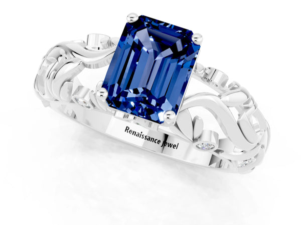 Platinum Emerald Cut Solitaire Blue Sapphire Leaf-Inspired Vine Band Ring with Prong Setting