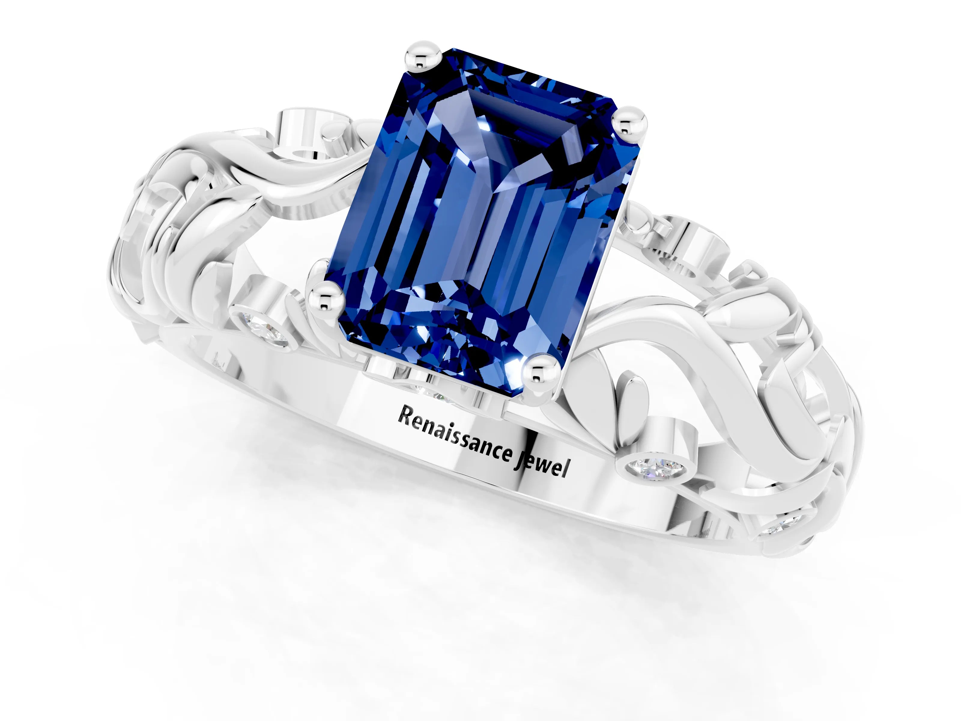 White gold Emerald Cut Solitaire Blue Sapphire Leaf-Inspired Vine Band Ring with Prong Setting_1