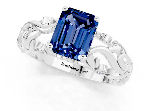 White gold Emerald Cut Solitaire Blue Sapphire Leaf-Inspired Vine Band Ring with Prong Setting_1
