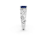 White gold Emerald Cut Solitaire Blue Sapphire Leaf-Inspired Vine Band Ring with Prong Setting_2