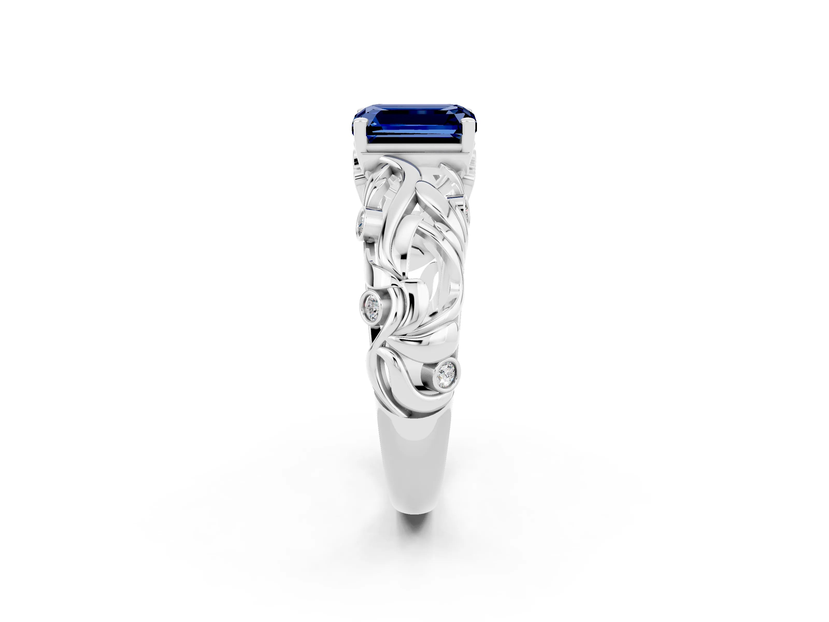 White gold Emerald Cut Solitaire Blue Sapphire Leaf-Inspired Vine Band Ring with Prong Setting_2
