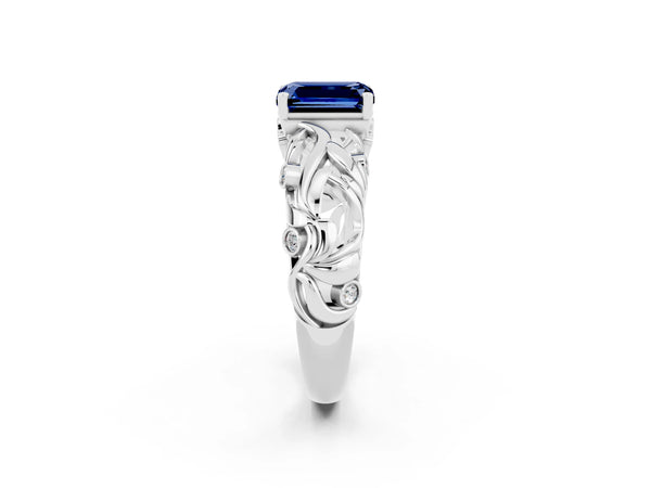 White gold Emerald Cut Solitaire Blue Sapphire Leaf-Inspired Vine Band Ring with Prong Setting