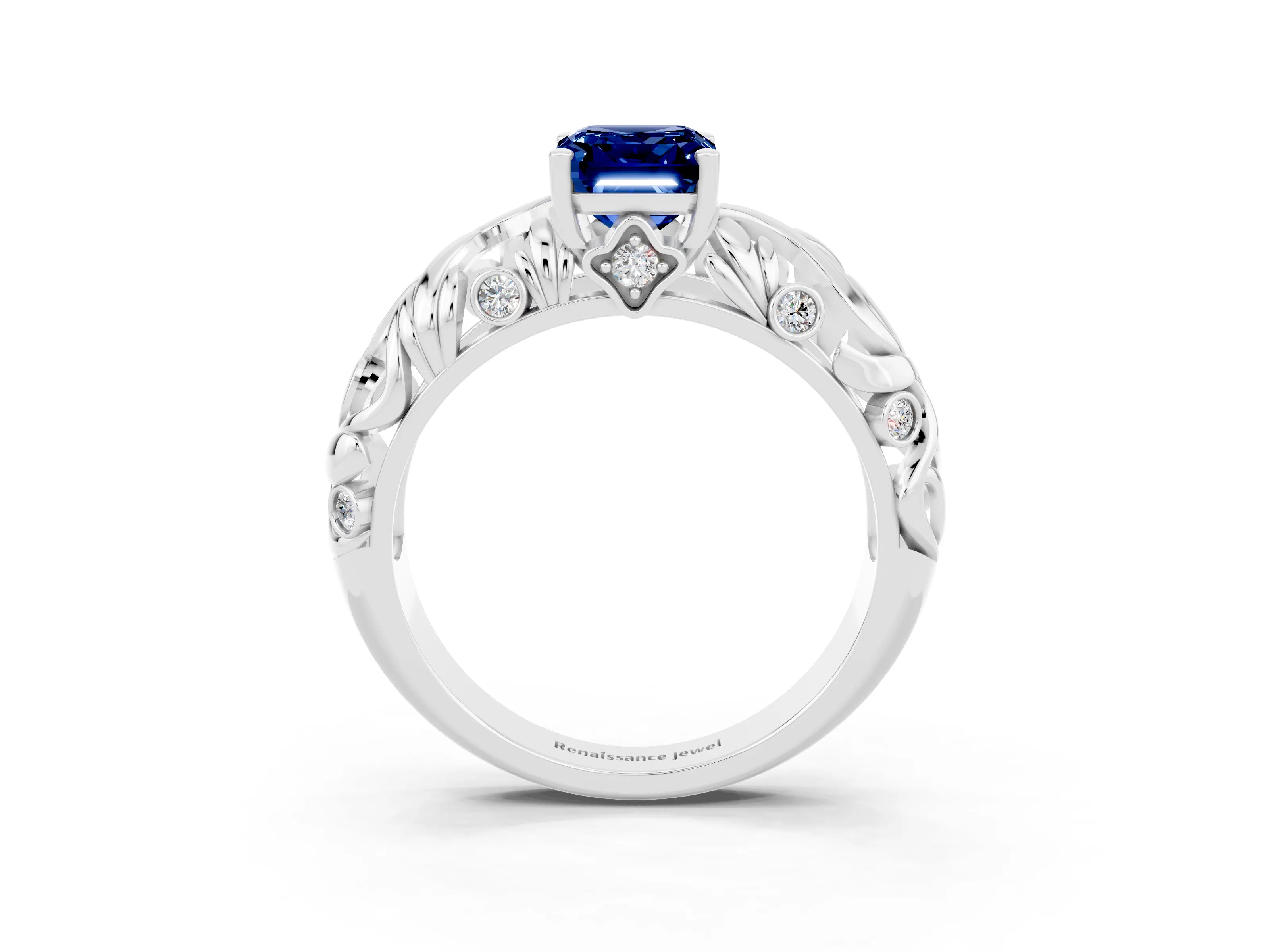 White gold Emerald Cut Solitaire Blue Sapphire Leaf-Inspired Vine Band Ring with Prong Setting_3