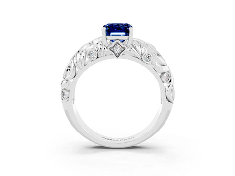 White gold Emerald Cut Solitaire Blue Sapphire Leaf-Inspired Vine Band Ring with Prong Setting_3