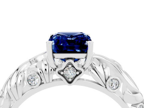 White gold Emerald Cut Solitaire Blue Sapphire Leaf-Inspired Vine Band Ring with Prong Setting_4