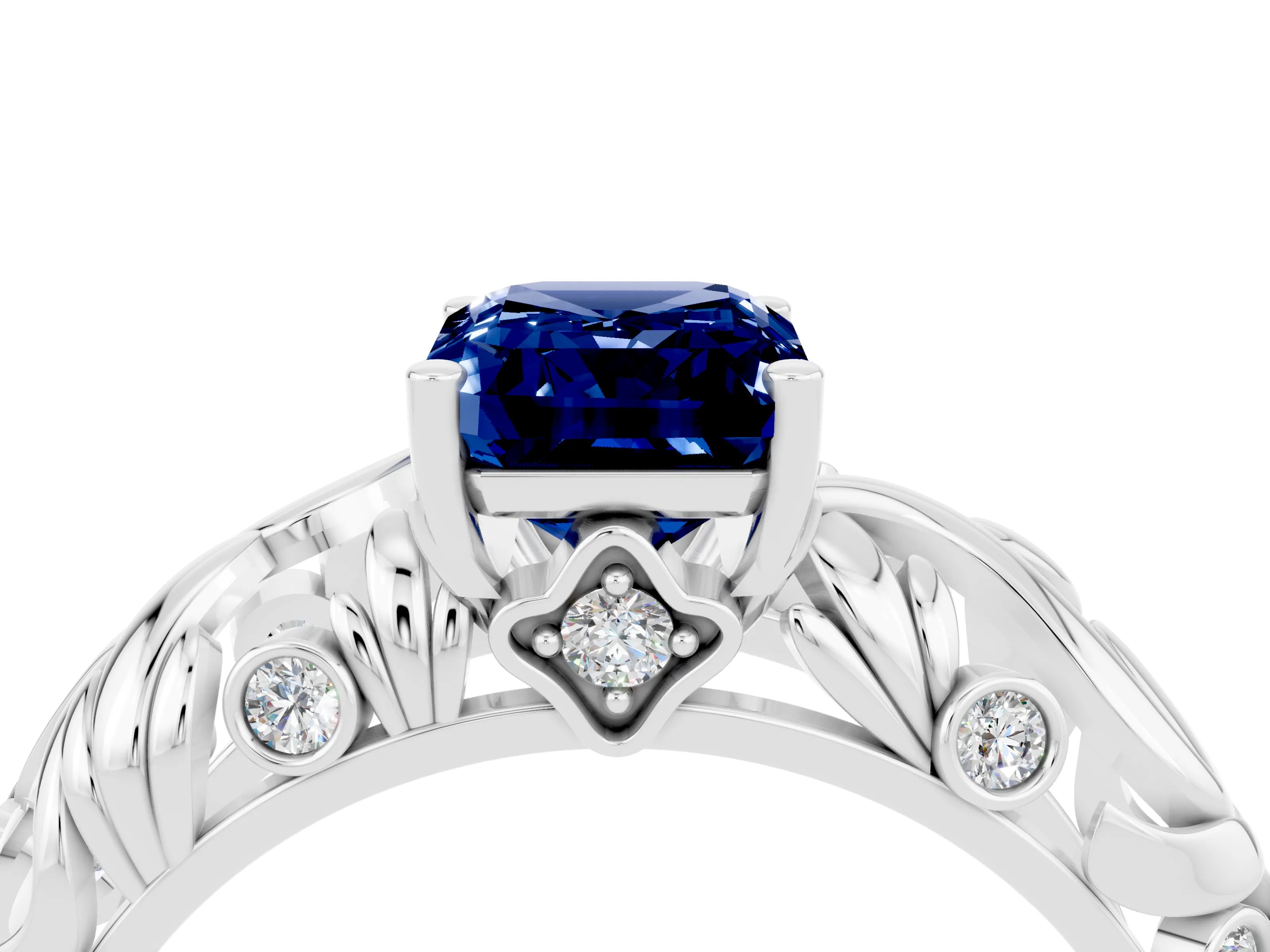 White gold Emerald Cut Solitaire Blue Sapphire Leaf-Inspired Vine Band Ring with Prong Setting_4