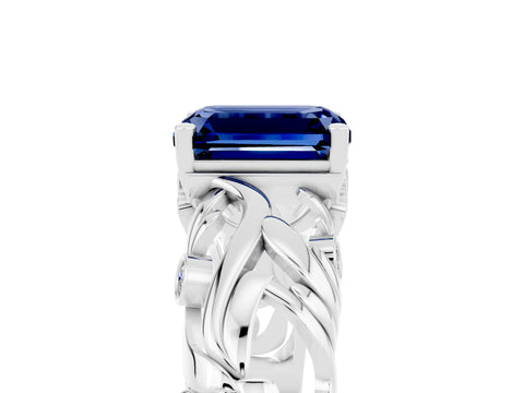 White gold Emerald Cut Solitaire Blue Sapphire Leaf-Inspired Vine Band Ring with Prong Setting_5