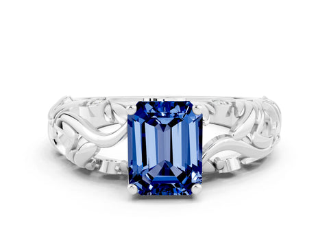 White gold Emerald Cut Solitaire Blue Sapphire Leaf-Inspired Vine Band Ring with Prong Setting