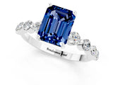 White gold Emerald Cut Solitaire Blue Sapphire Ring with Pave Band and Four-Prong Setting_1