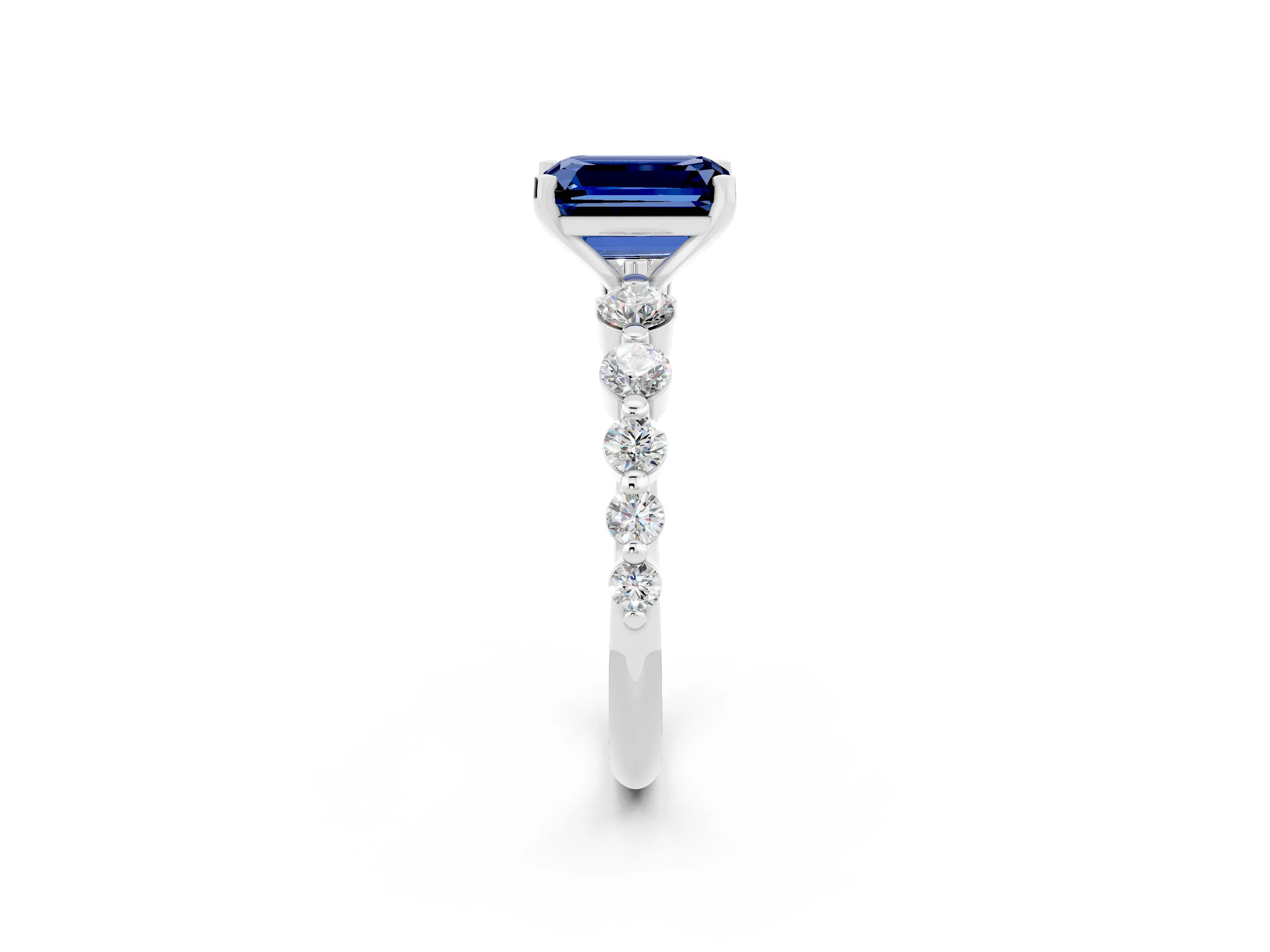 White gold Emerald Cut Solitaire Blue Sapphire Ring with Pave Band and Four-Prong Setting_2