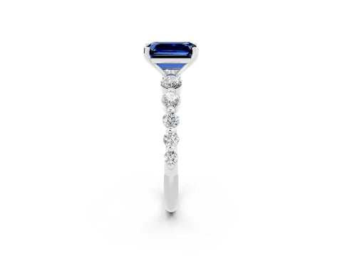 White gold Emerald Cut Solitaire Blue Sapphire Ring with Pave Band and Four-Prong Setting_2