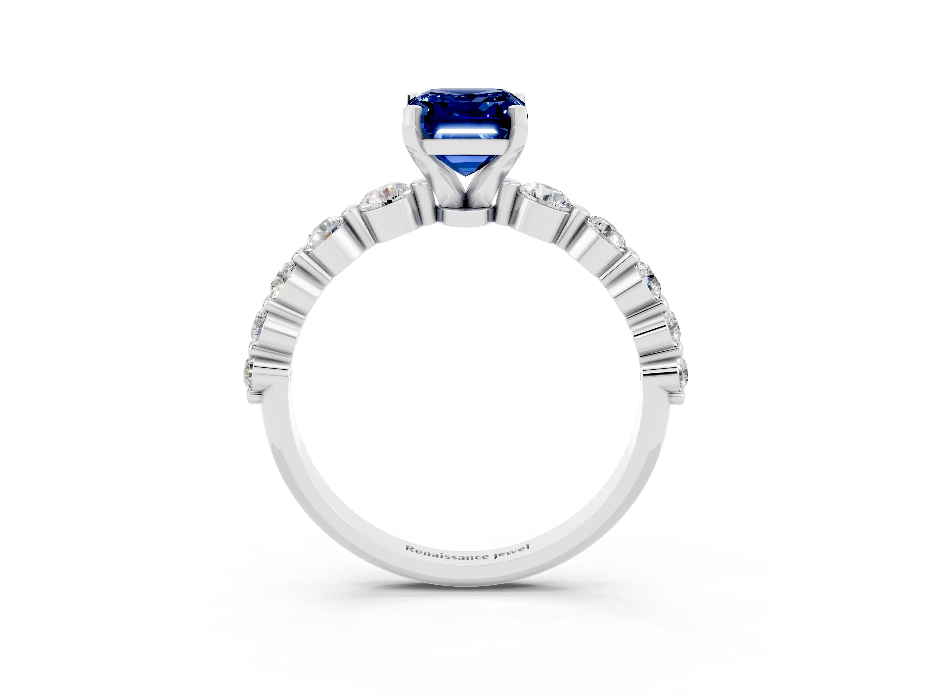 White gold Emerald Cut Solitaire Blue Sapphire Ring with Pave Band and Four-Prong Setting_3