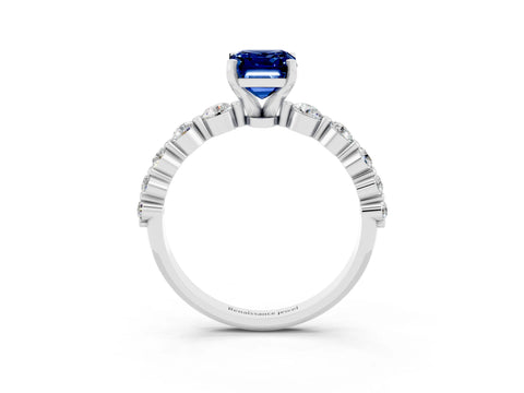 White gold Emerald Cut Solitaire Blue Sapphire Ring with Pave Band and Four-Prong Setting_3