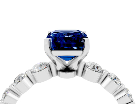 White gold Emerald Cut Solitaire Blue Sapphire Ring with Pave Band and Four-Prong Setting_4