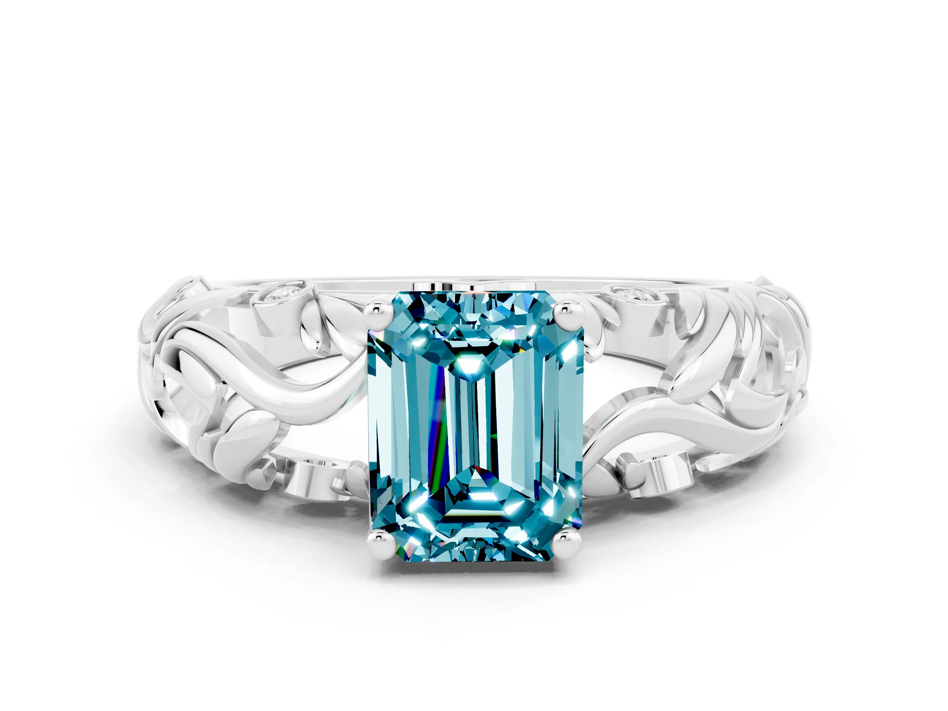 White gold Emerald Cut Solitaire Blue Topaz Leaf-Inspired Vine Band Ring with Prong Setting