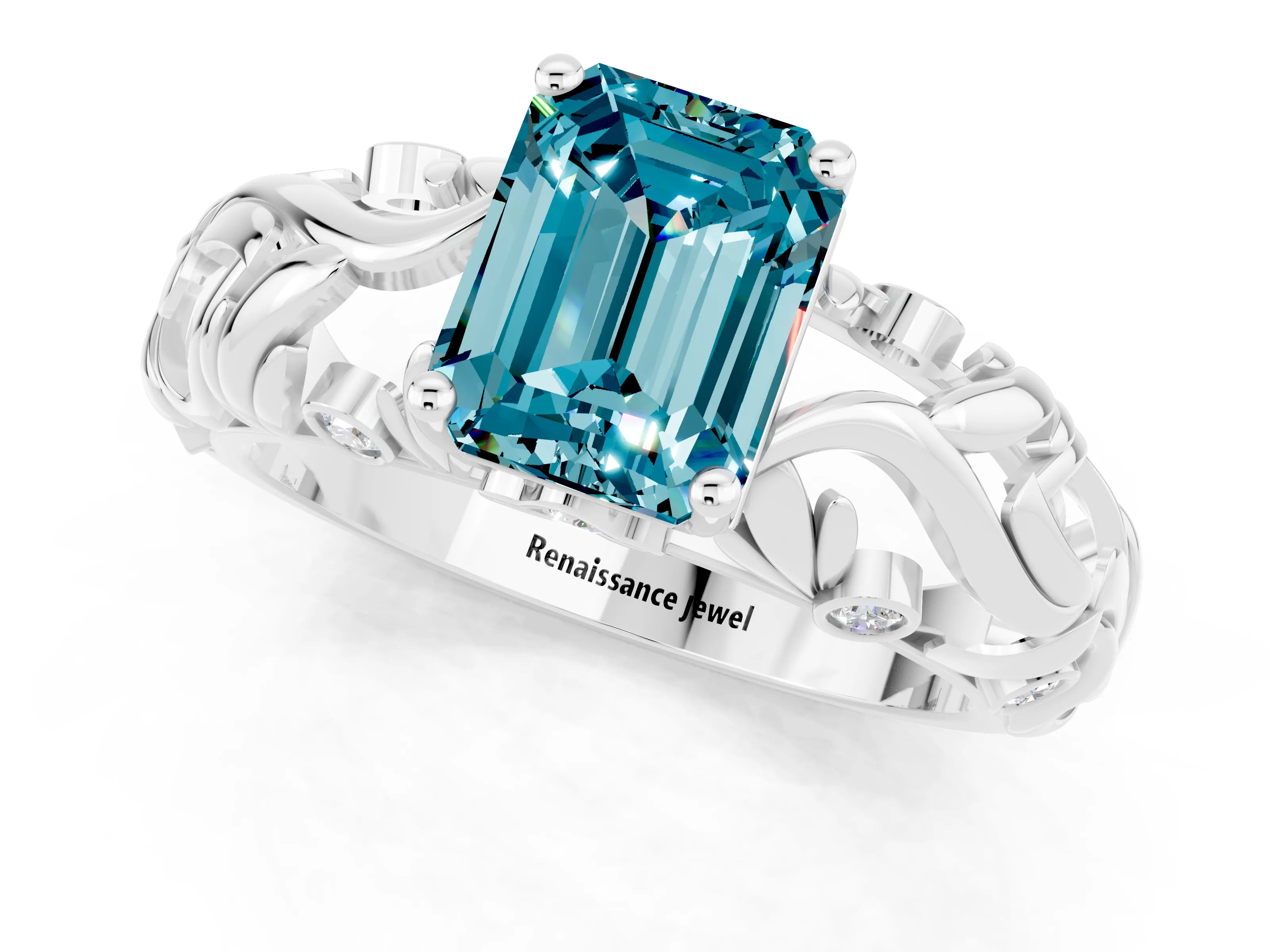 White gold Emerald Cut Solitaire Blue Topaz Leaf-Inspired Vine Band Ring with Prong Setting_1