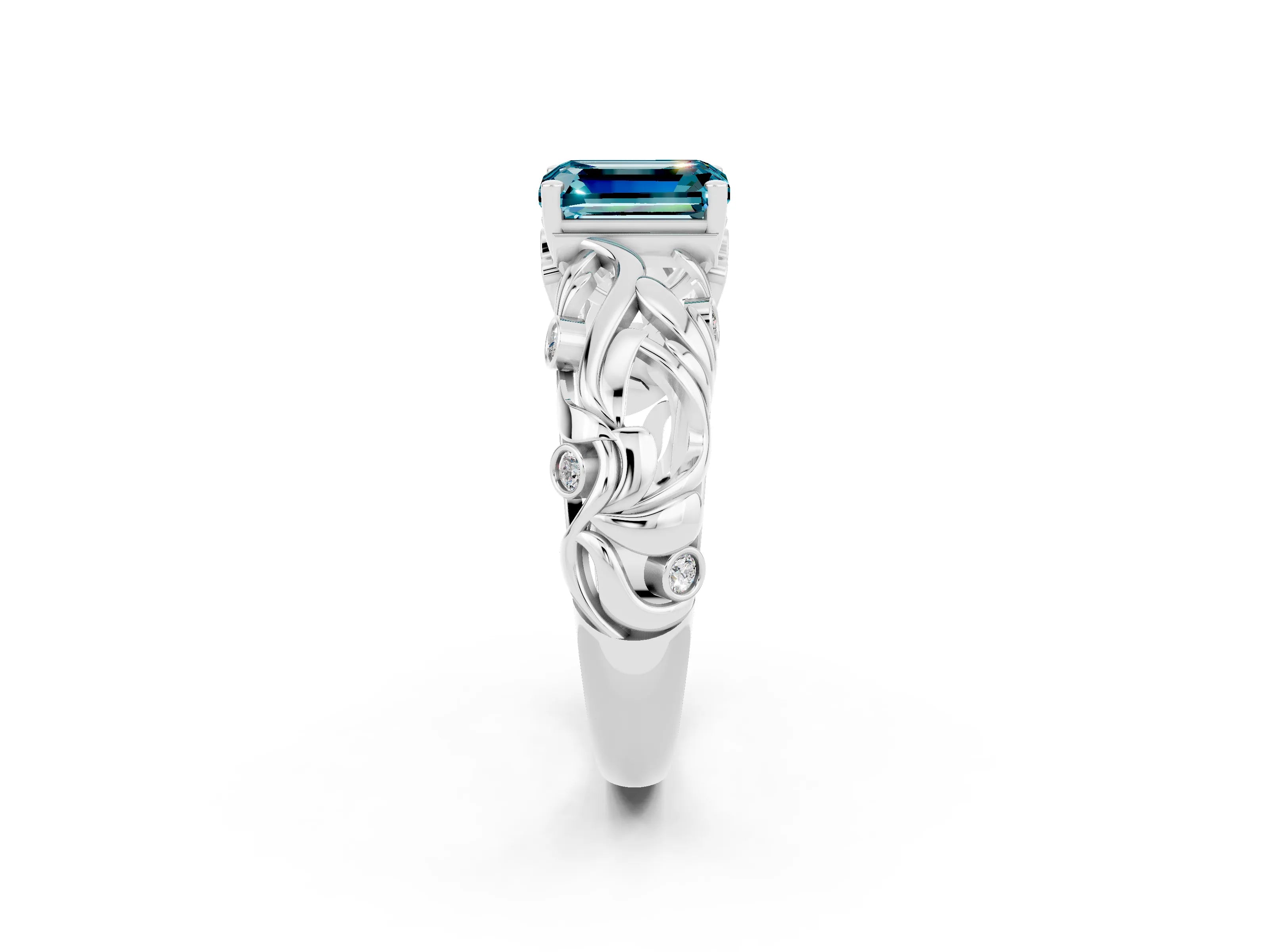 White gold Emerald Cut Solitaire Blue Topaz Leaf-Inspired Vine Band Ring with Prong Setting_2