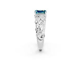 White gold Emerald Cut Solitaire Blue Topaz Leaf-Inspired Vine Band Ring with Prong Setting_2