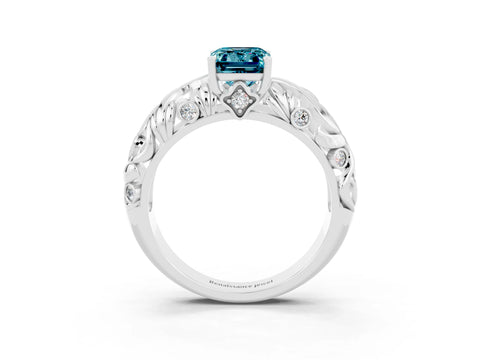 White gold Emerald Cut Solitaire Blue Topaz Leaf-Inspired Vine Band Ring with Prong Setting_3