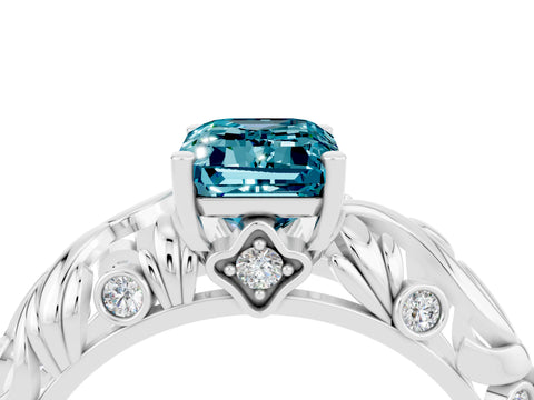 White gold Emerald Cut Solitaire Blue Topaz Leaf-Inspired Vine Band Ring with Prong Setting_4