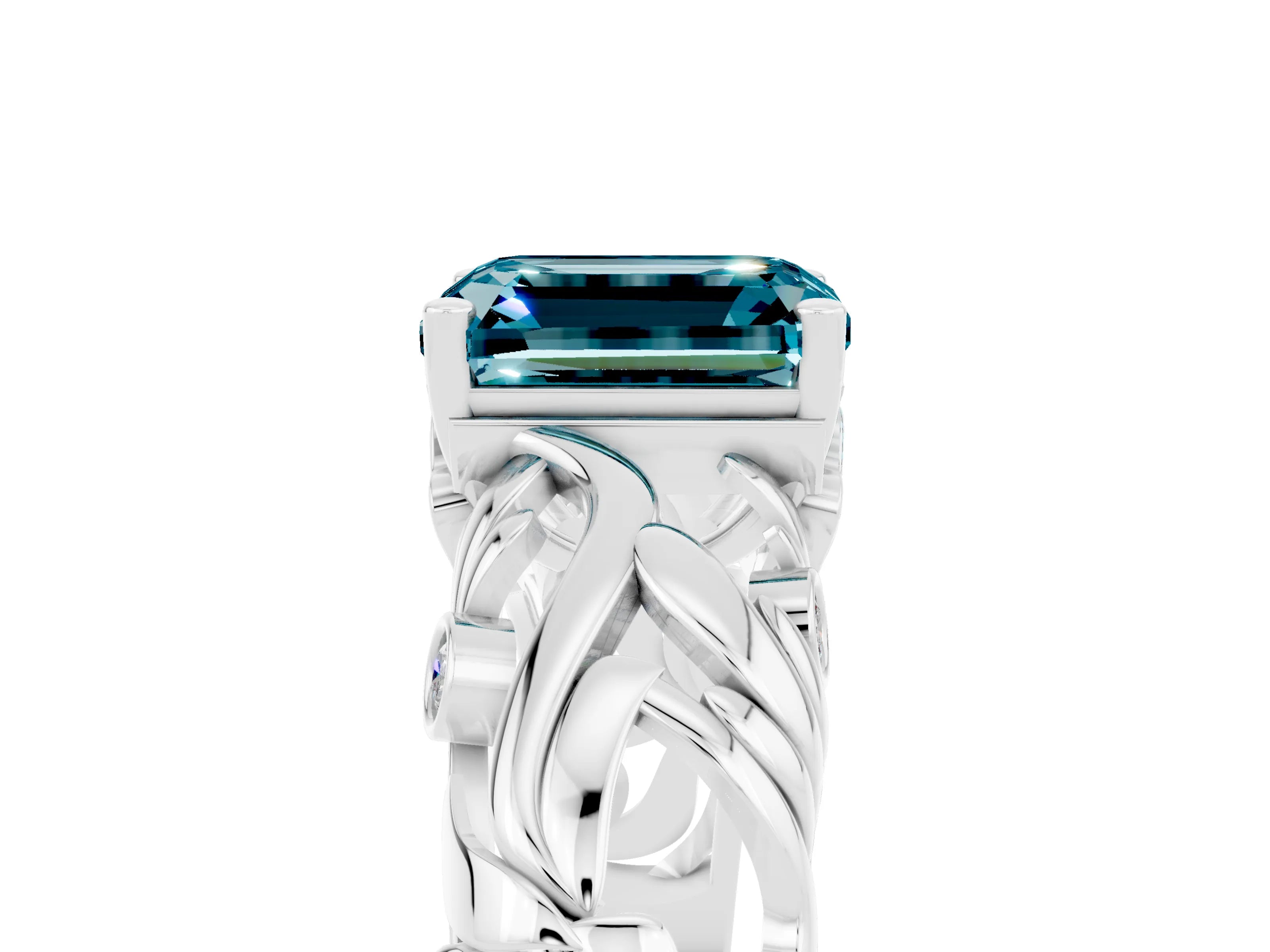 White gold Emerald Cut Solitaire Blue Topaz Leaf-Inspired Vine Band Ring with Prong Setting_5