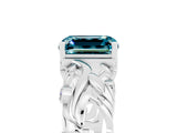 White gold Emerald Cut Solitaire Blue Topaz Leaf-Inspired Vine Band Ring with Prong Setting_5