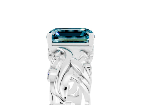 White gold Emerald Cut Solitaire Blue Topaz Leaf-Inspired Vine Band Ring with Prong Setting_5