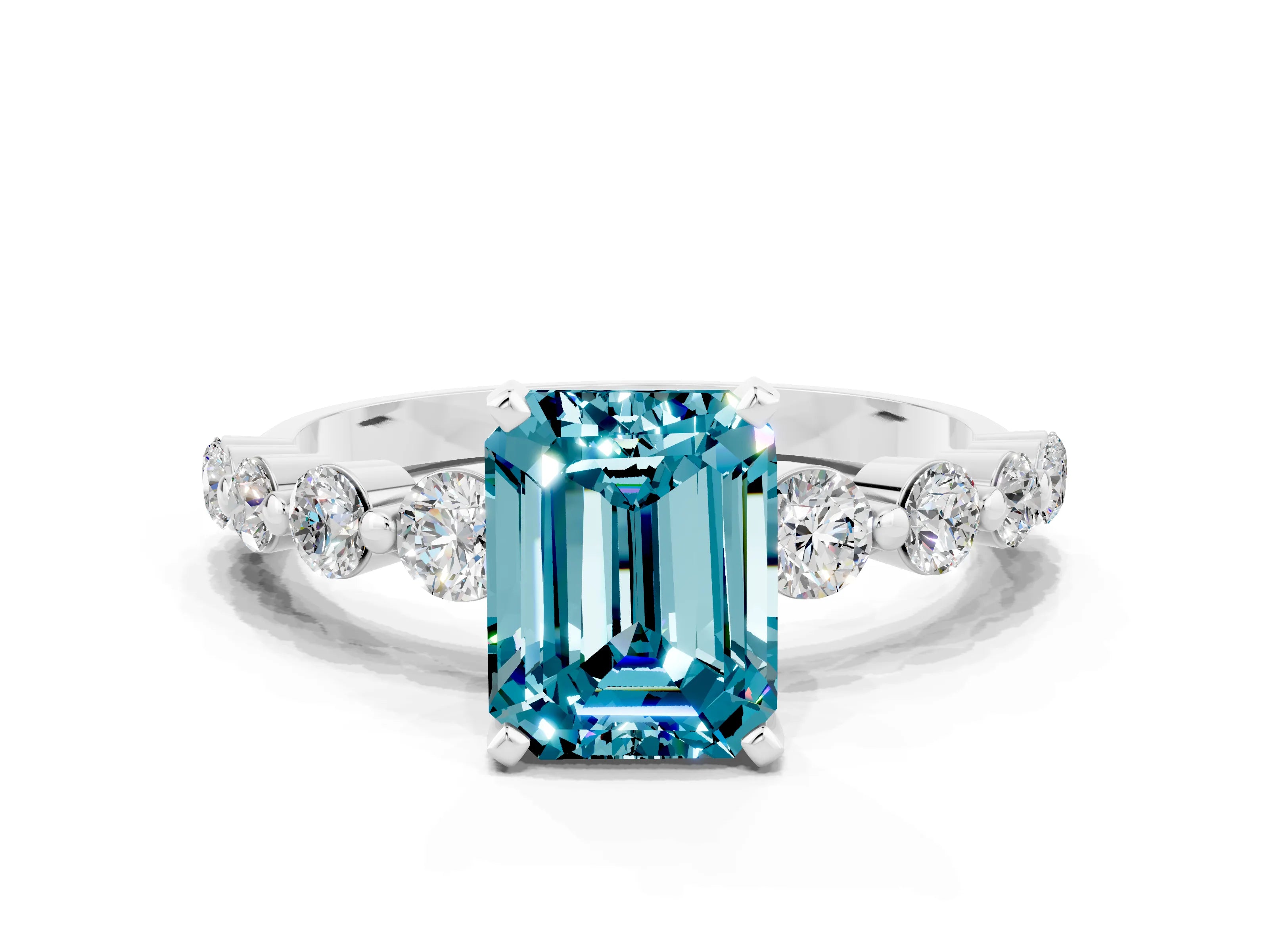 White gold Emerald Cut Solitaire Blue Topaz Ring with Pave Band and Four-Prong Setting