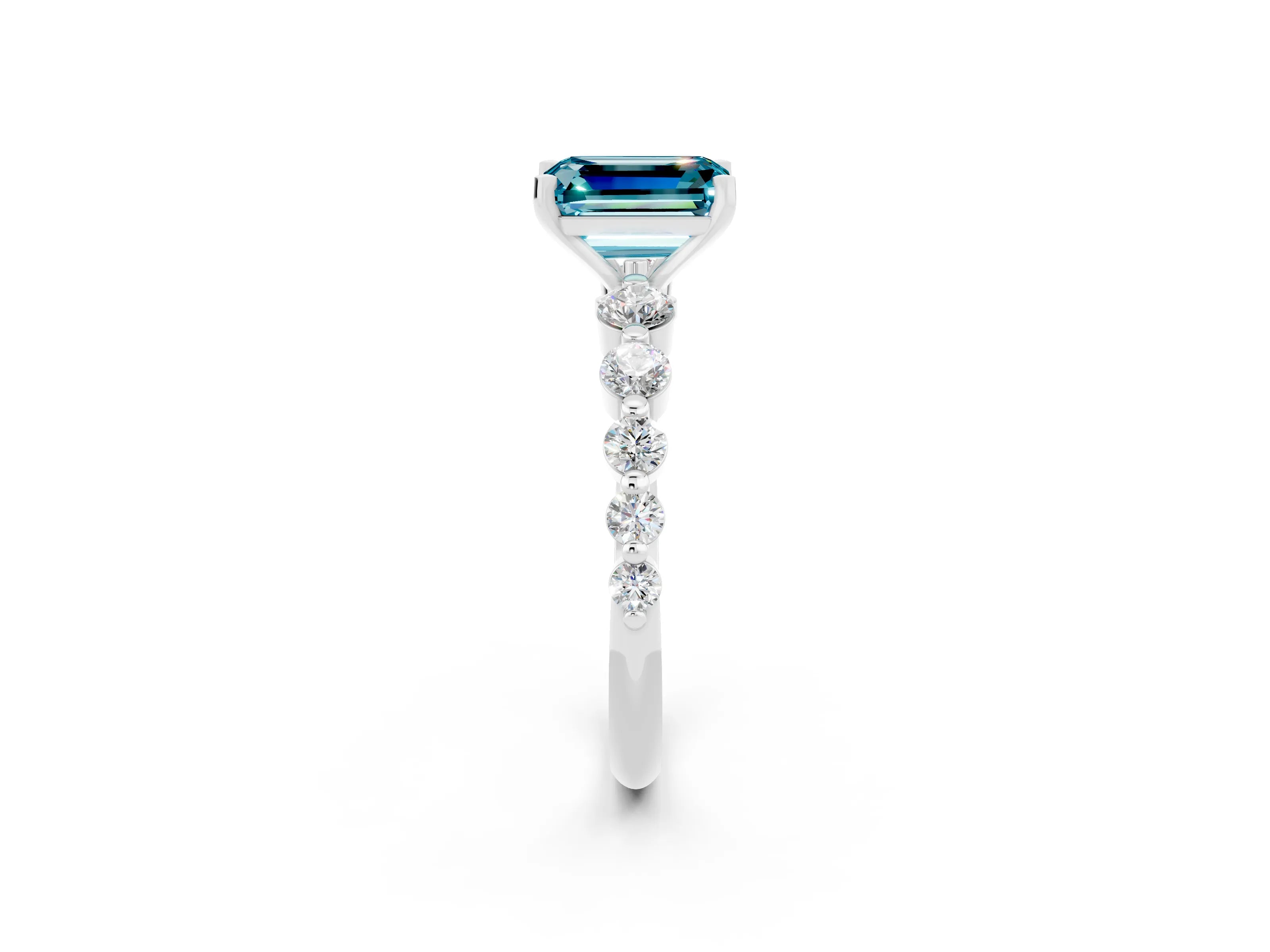White gold Emerald Cut Solitaire Blue Topaz Ring with Pave Band and Four-Prong Setting_2