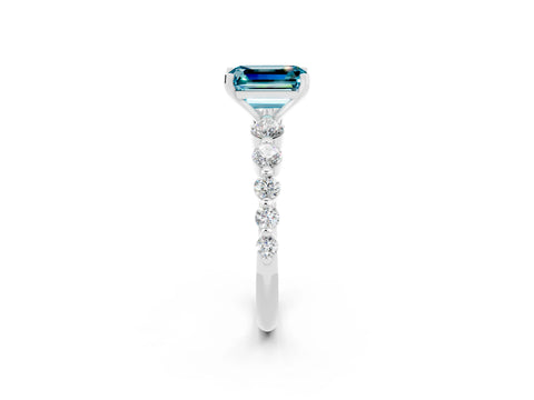 White gold Emerald Cut Solitaire Blue Topaz Ring with Pave Band and Four-Prong Setting_2