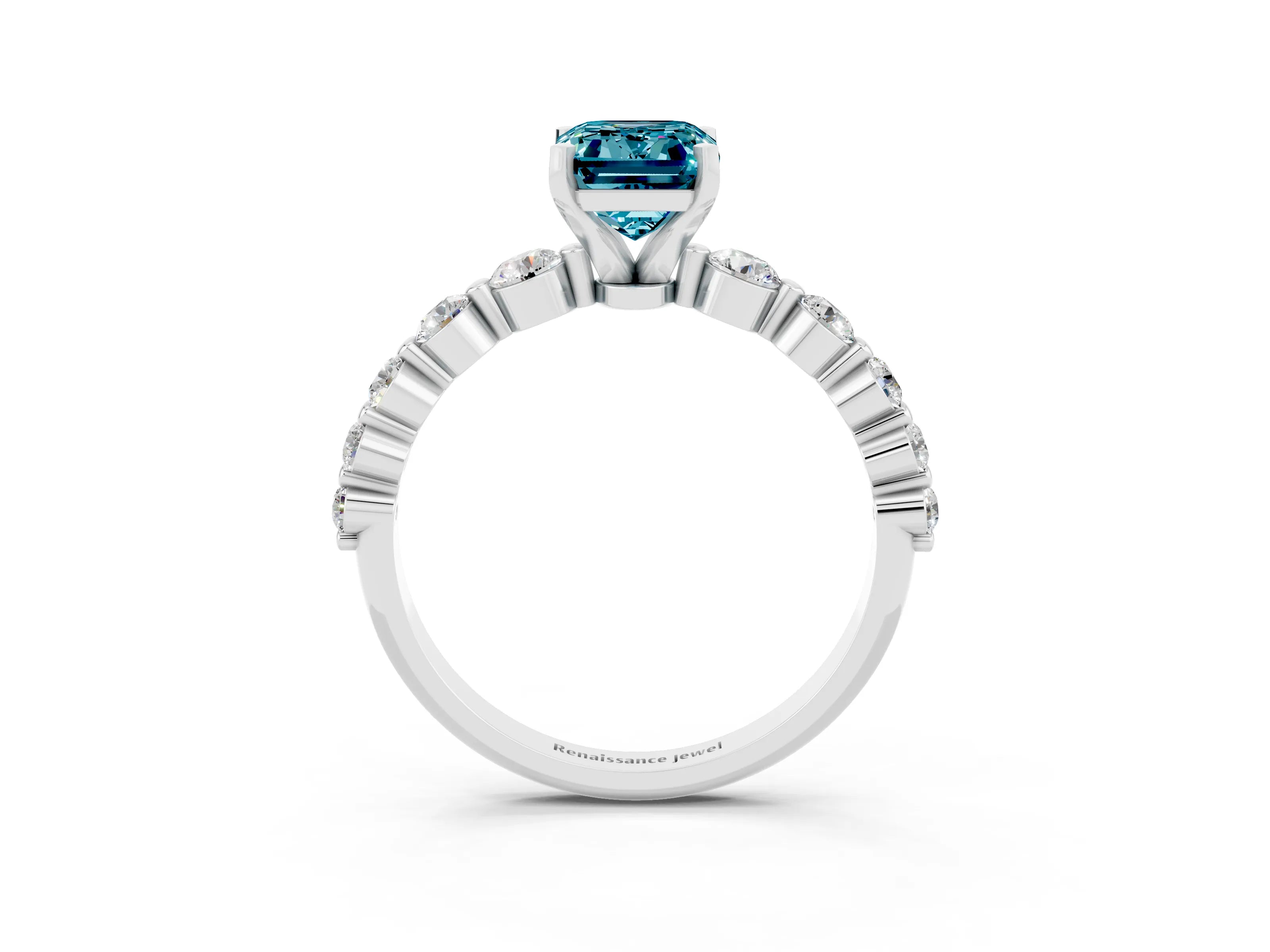 White gold Emerald Cut Solitaire Blue Topaz Ring with Pave Band and Four-Prong Setting_3