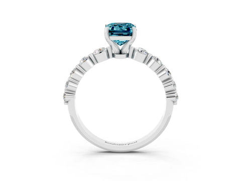 White gold Emerald Cut Solitaire Blue Topaz Ring with Pave Band and Four-Prong Setting_3
