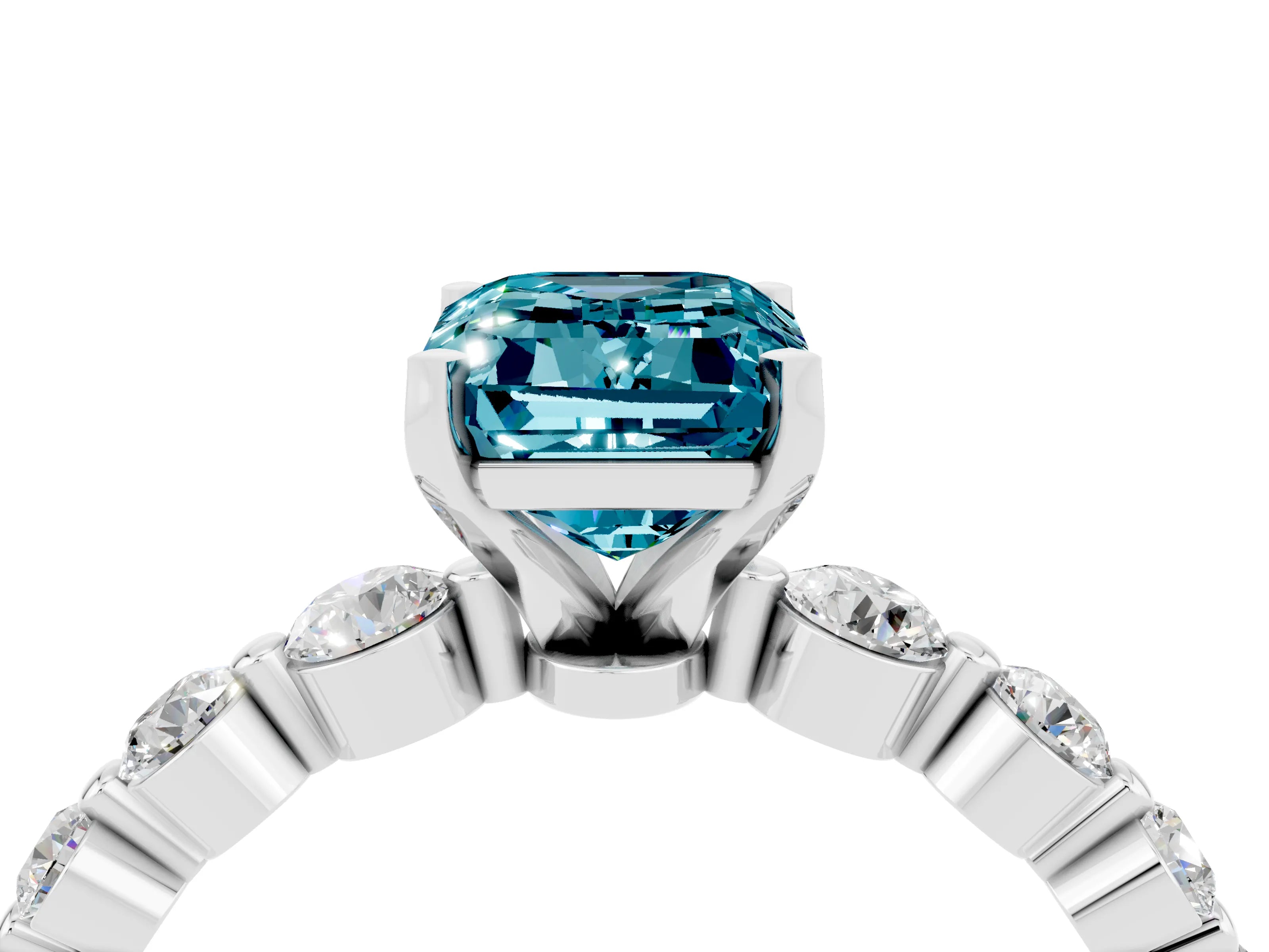 White gold Emerald Cut Solitaire Blue Topaz Ring with Pave Band and Four-Prong Setting_4