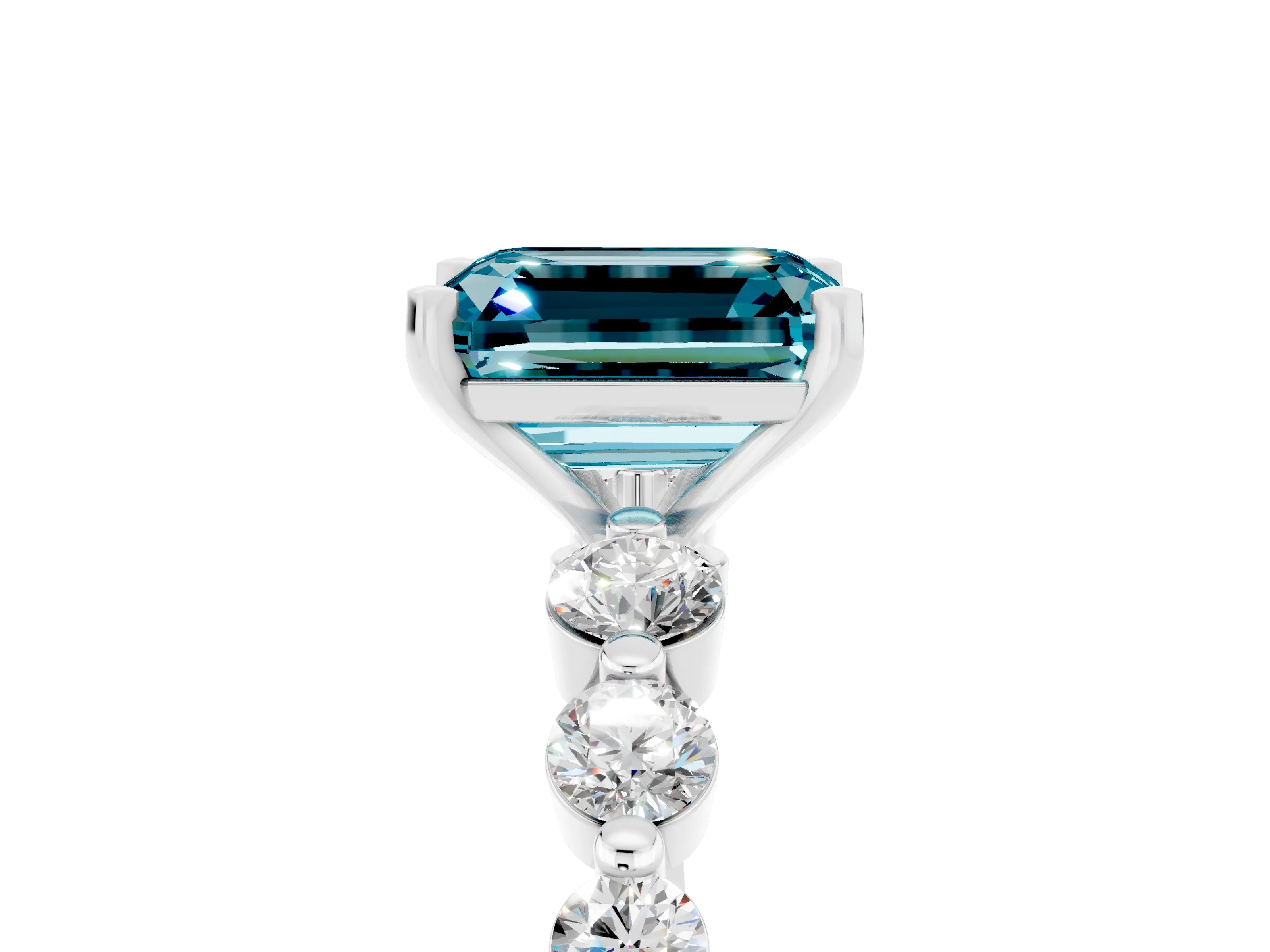 White gold Emerald Cut Solitaire Blue Topaz Ring with Pave Band and Four-Prong Setting_5
