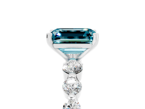White gold Emerald Cut Solitaire Blue Topaz Ring with Pave Band and Four-Prong Setting_5