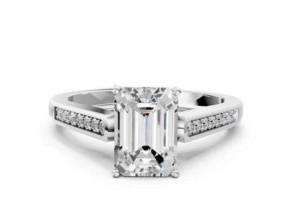 Platinum Emerald Cut Solitaire Cathedral Diamond Engagement Ring with Channel-Set Band and Four-Prong Setting