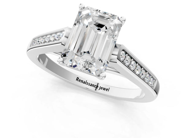 Platinum Emerald Cut Solitaire Cathedral Diamond Engagement Ring with Channel-Set Band and Four-Prong Setting
