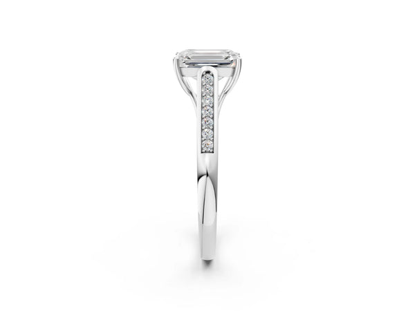 Platinum Emerald Cut Solitaire Cathedral Diamond Engagement Ring with Channel-Set Band and Four-Prong Setting