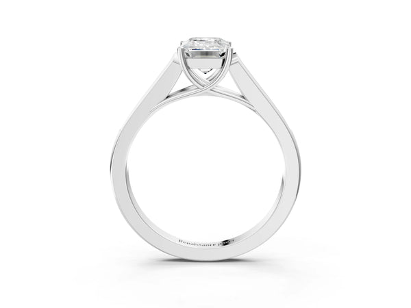 Platinum Emerald Cut Solitaire Cathedral Diamond Engagement Ring with Channel-Set Band and Four-Prong Setting