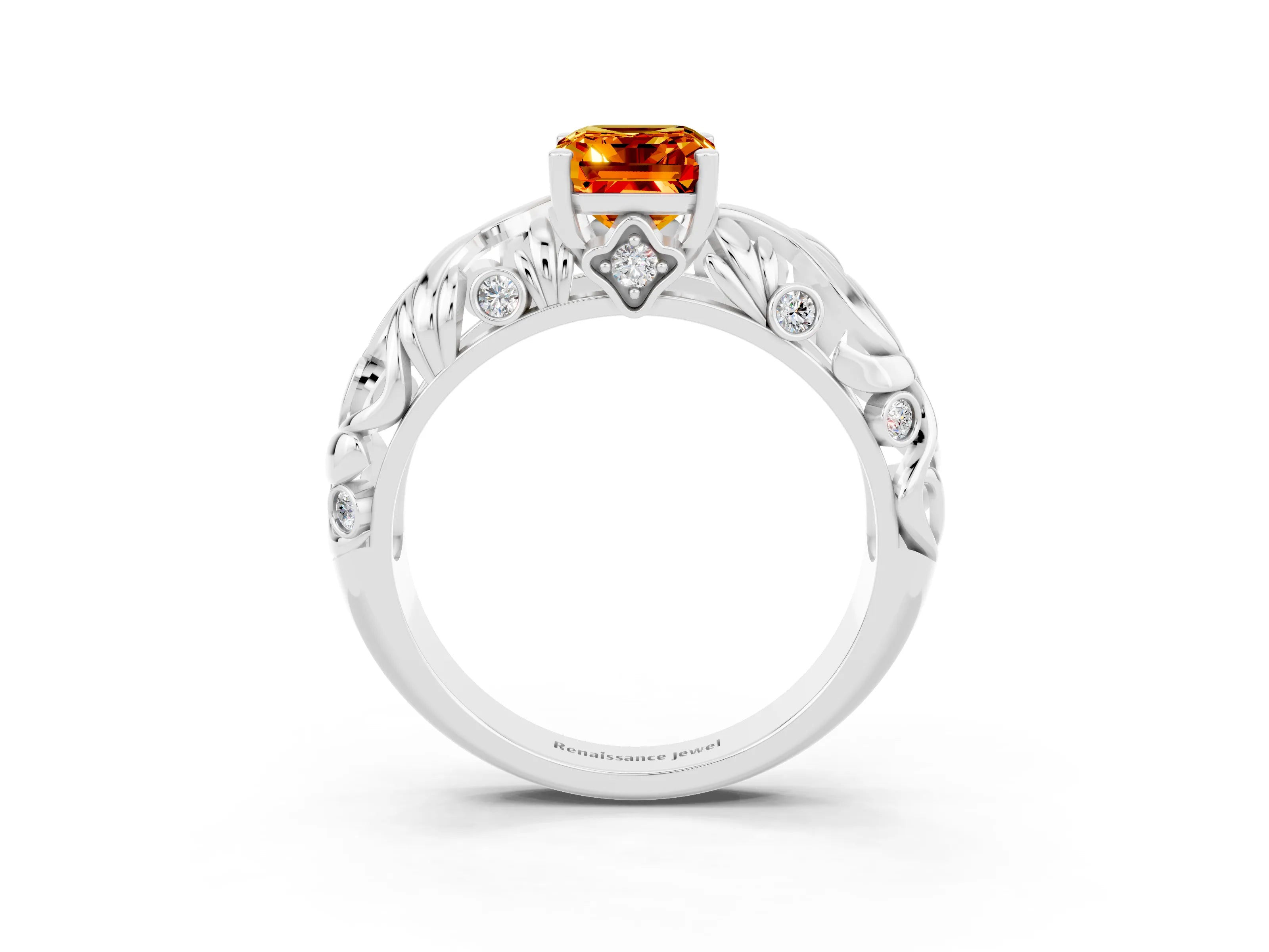 White gold Emerald Cut Solitaire Citrine Leaf-Inspired Vine Band Ring with Prong Setting_3