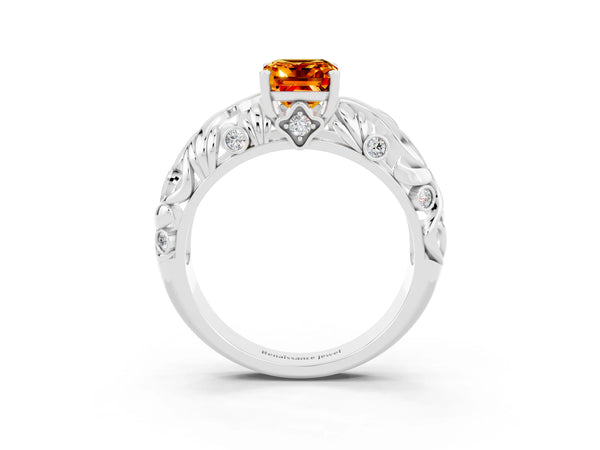 White gold Emerald Cut Solitaire Citrine Leaf-Inspired Vine Band Ring with Prong Setting
