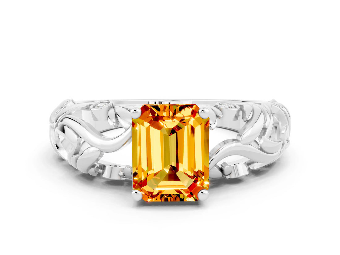 White gold Emerald Cut Solitaire Citrine Leaf-Inspired Vine Band Ring with Prong Setting