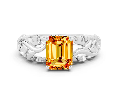 White gold Emerald Cut Solitaire Citrine Leaf-Inspired Vine Band Ring with Prong Setting