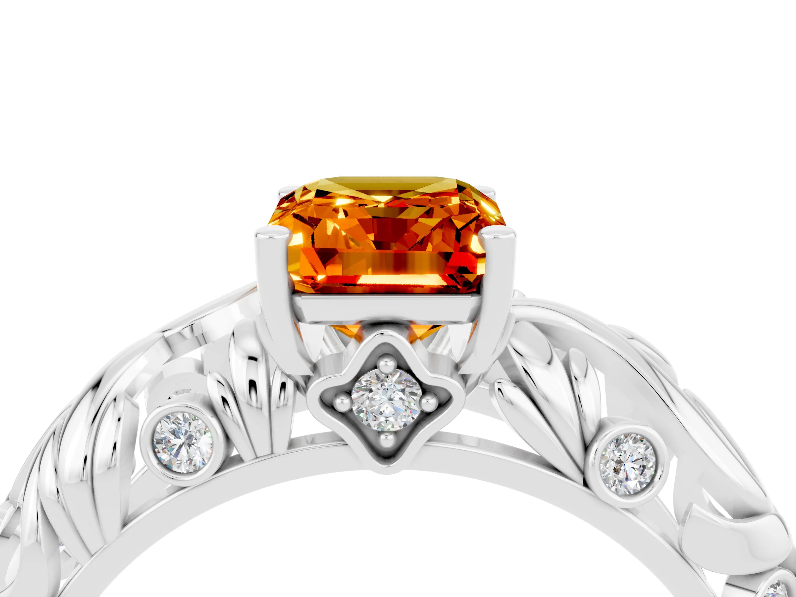 White gold Emerald Cut Solitaire Citrine Leaf-Inspired Vine Band Ring with Prong Setting_4