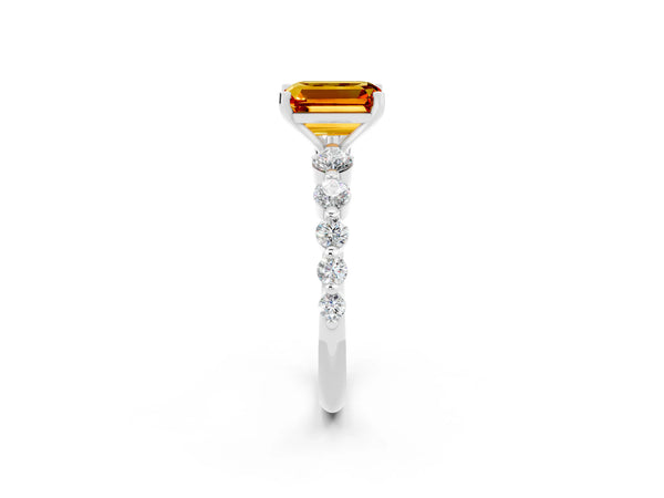 Platinum Emerald Cut Solitaire Citrine Ring with Pave Band and Four-Prong Setting