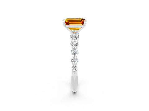White gold Emerald Cut Solitaire Citrine Ring with Pave Band and Four-Prong Setting_2