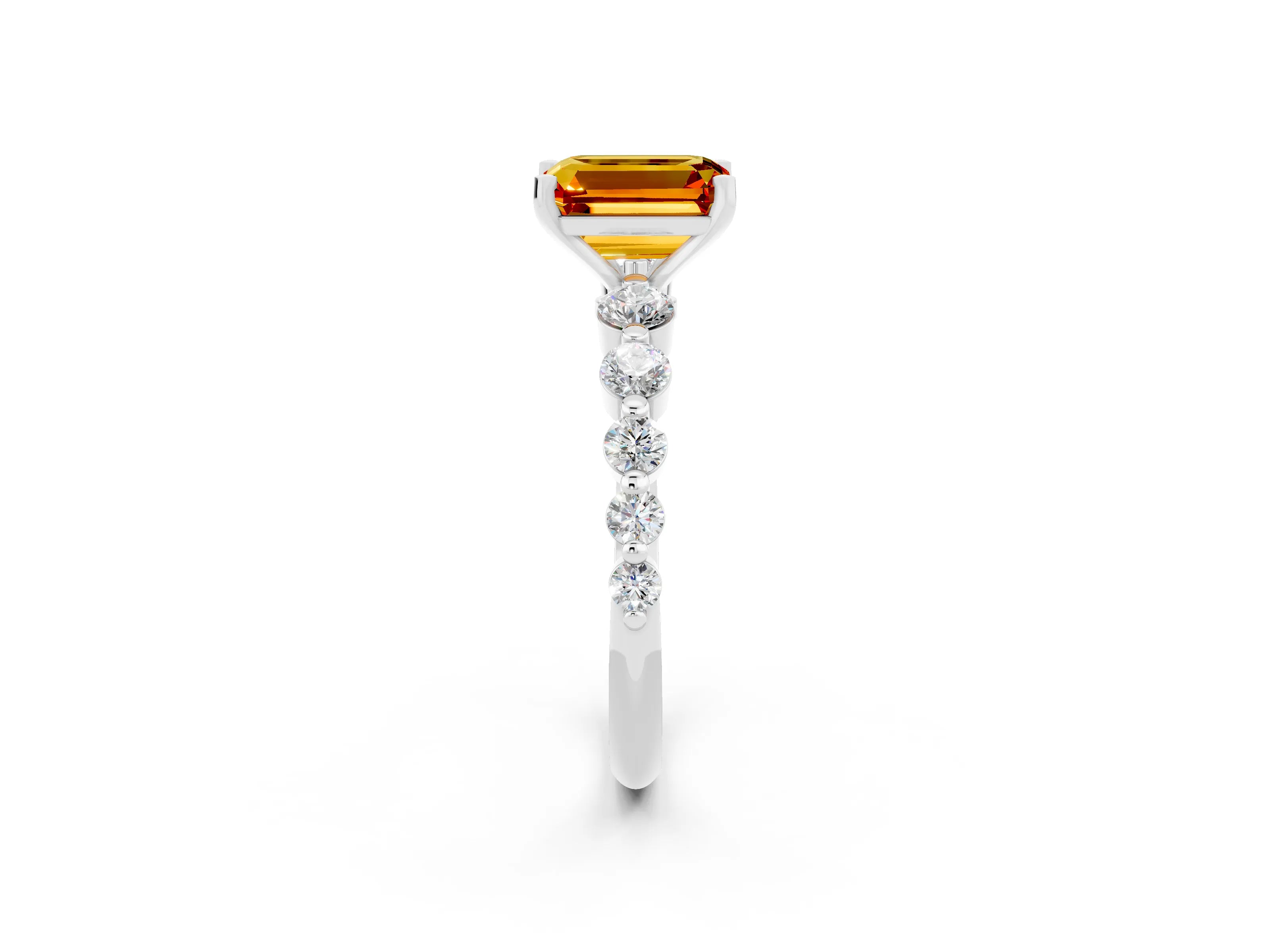 White gold Emerald Cut Solitaire Citrine Ring with Pave Band and Four-Prong Setting_2