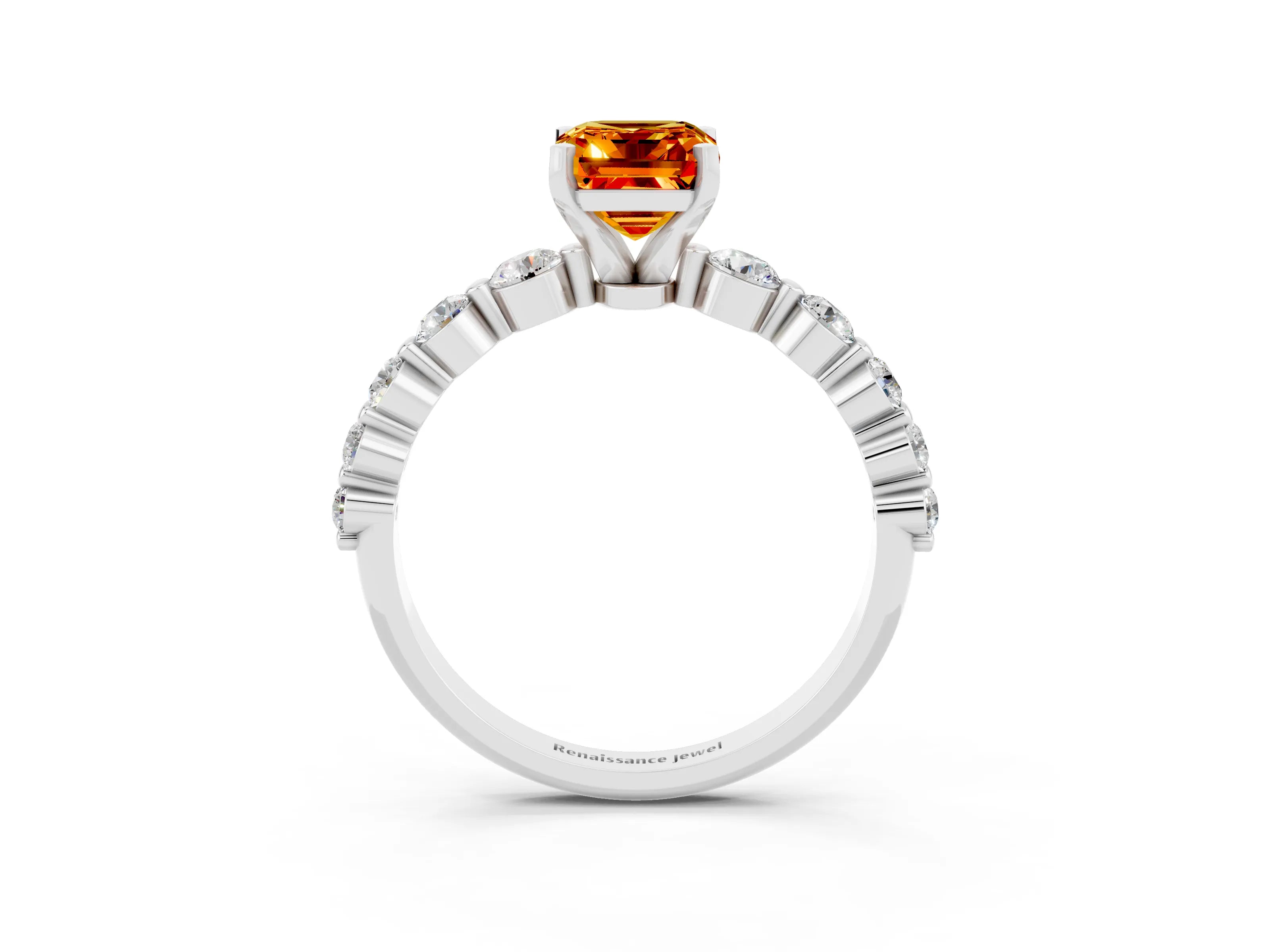 White gold Emerald Cut Solitaire Citrine Ring with Pave Band and Four-Prong Setting_3