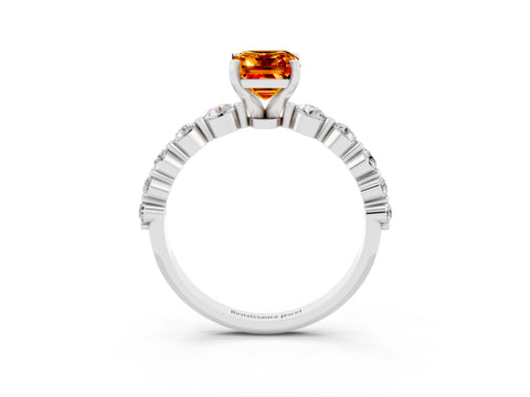 White gold Emerald Cut Solitaire Citrine Ring with Pave Band and Four-Prong Setting_3