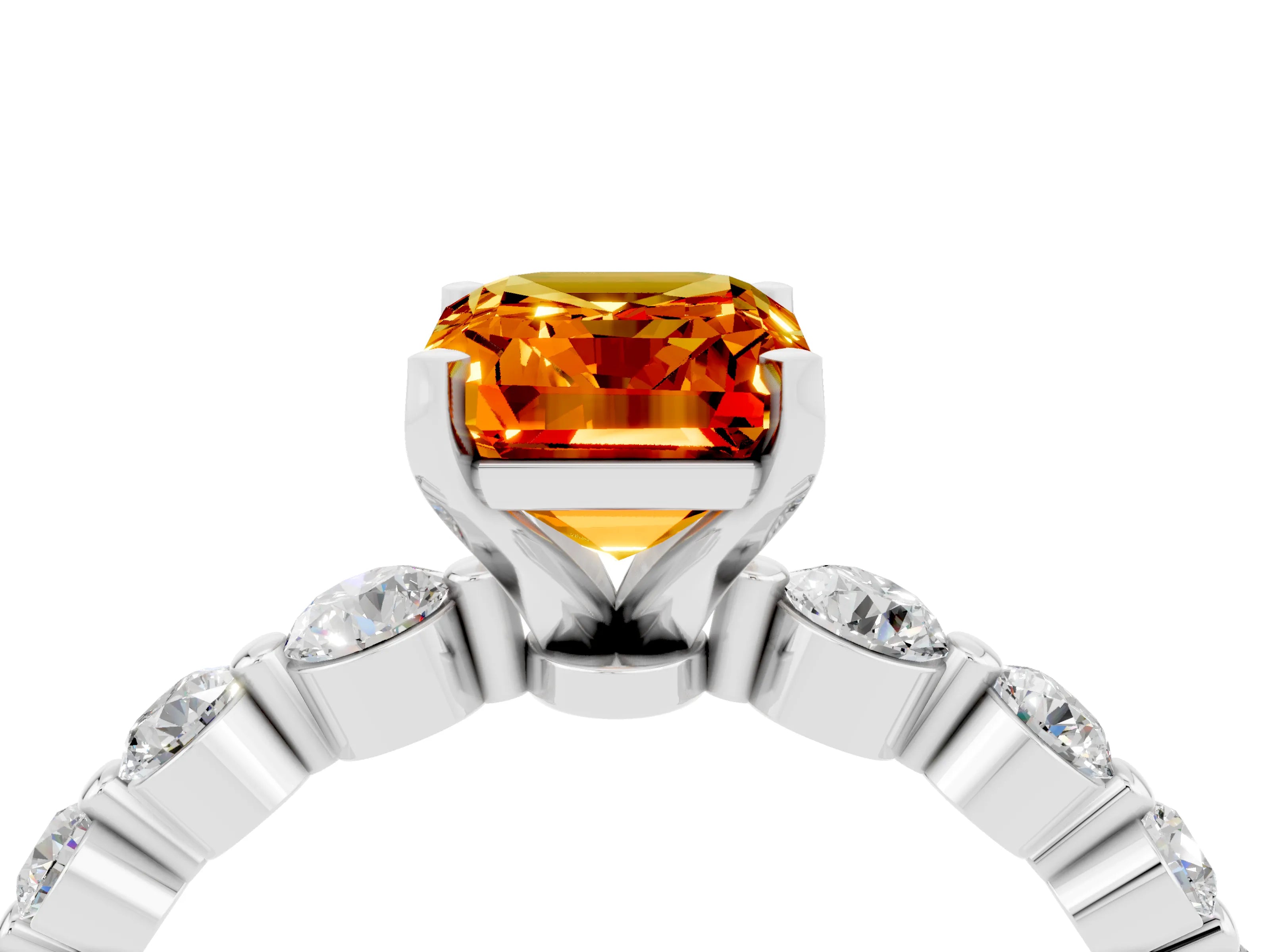 White gold Emerald Cut Solitaire Citrine Ring with Pave Band and Four-Prong Setting_4